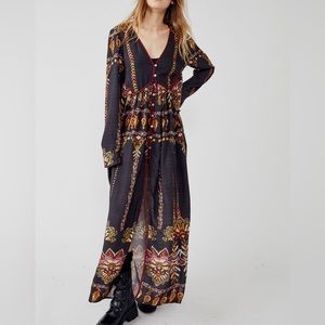 Free People Moody Black Foley Patterned Button Front Maxi Dress Size XS